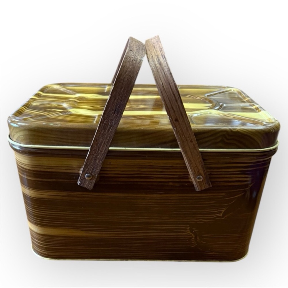 Vintage National Can Tin wood grain Litho Picnic Basket w/wood handles